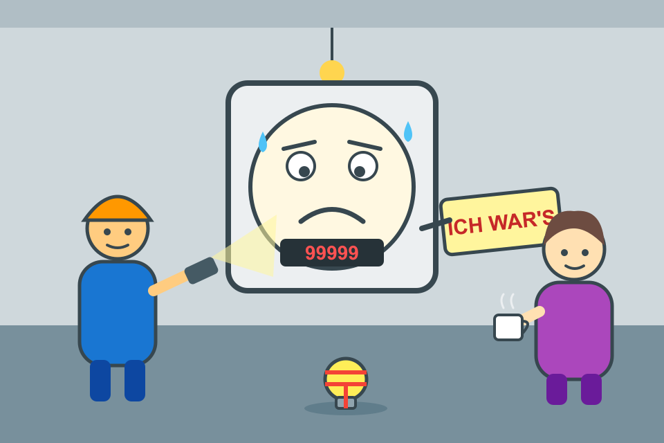 Comic: Ein Stromzähler mit traurigem Gesicht und Schweißtropfen hält im Keller ein Schild „ICH WAR'S“, daneben leuchtet ein Techniker mit Taschenlampe und eine Frau mit Kaffeetasse schaut zu.