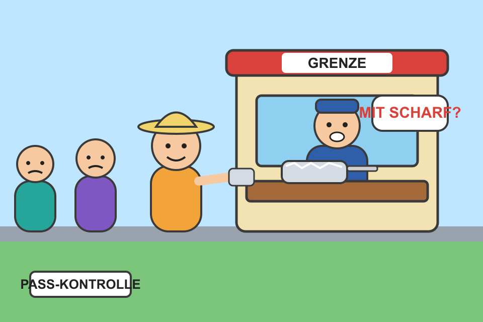 Comic: Grenzbeamter hinter dem Schalter hält einen in Alufolie gewickelten Reisepass wie einen Döner, davor ein Urlauber mit Sonnenhut und eine Schlange Wartender.