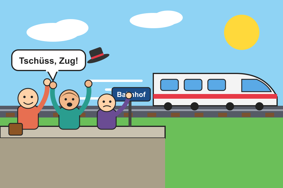 Comic: Ein Schnellzug rauscht an einem kleinen Bahnsteig vorbei, die Wartenden mit Koffern winken ihm hinterher, ein Hut fliegt davon.