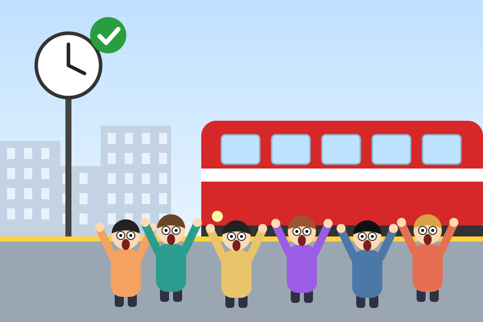 Comic: Fahrgäste am Bahnsteig reißen verblüfft die Arme hoch, weil ein roter Zug pünktlich einfährt