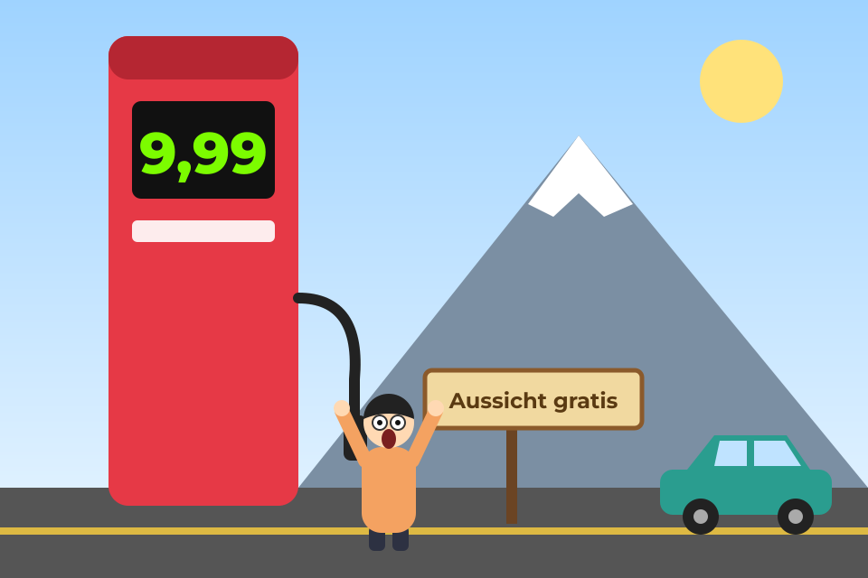 Comic: Riesige Zapfsäule zeigt 9,99, davor ein entsetzter Autofahrer, dahinter ein Berg und ein Schild „Aussicht gratis“