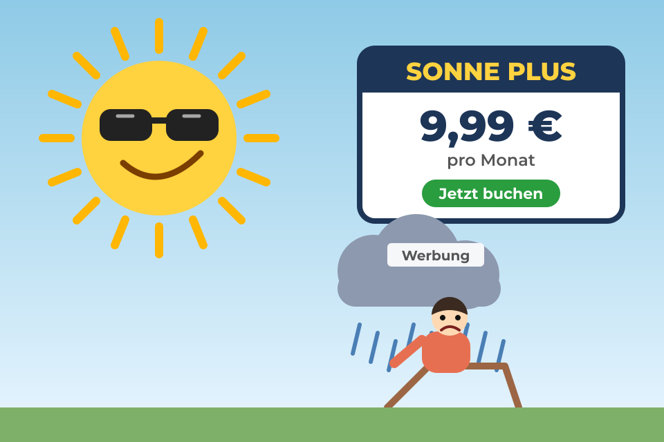 Comic: Eine Sonne mit Sonnenbrille präsentiert ein Preisschild „Sonne Plus, 9,99 € pro Monat“, darunter sitzt ein trauriger Mensch im Liegestuhl unter einer Werbe-Regenwolke